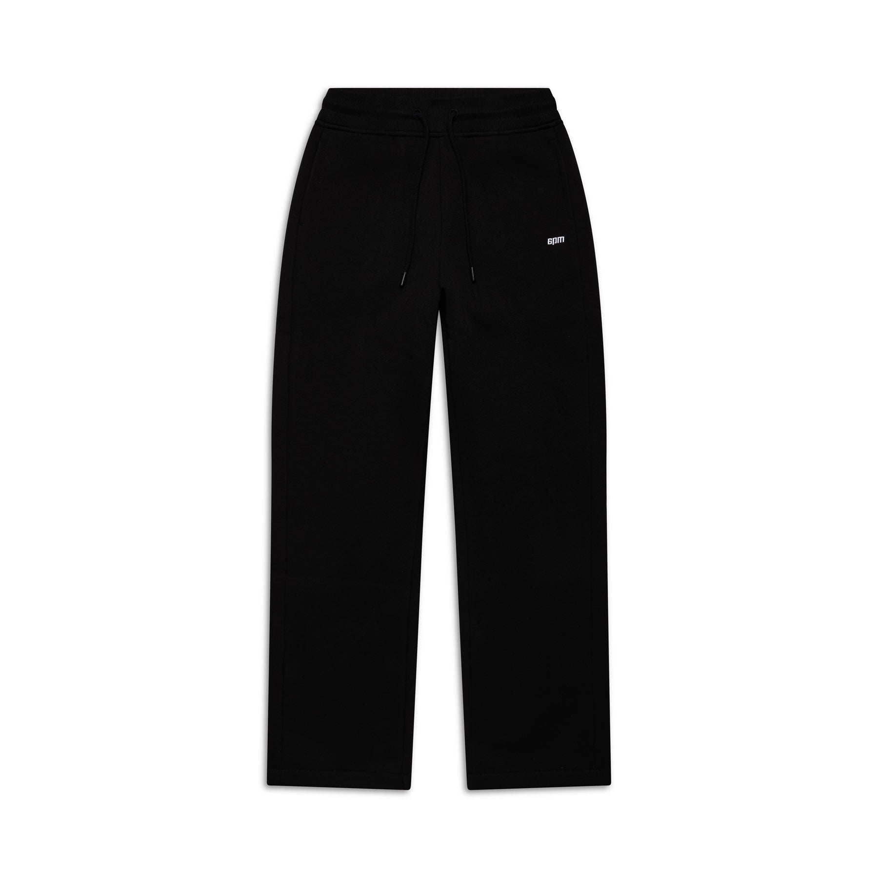 The 6PM WMNS OPEN LEG BLACK sweatpants feature a straight-leg cut, elastic waistband with adjustable drawstrings, and a small white embroidered logo on the left thigh, shown flat against a white background.