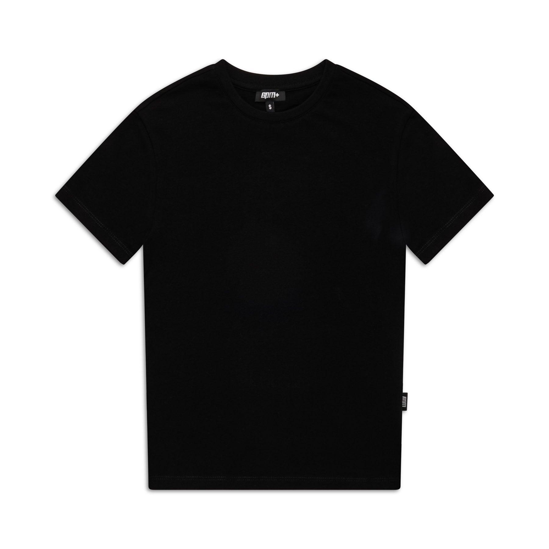 The 6PM WMNS T-SHIRT BLACK is a plain black short-sleeve tee, shown flat on a white background with a small black side hem tag and a visible neck label.