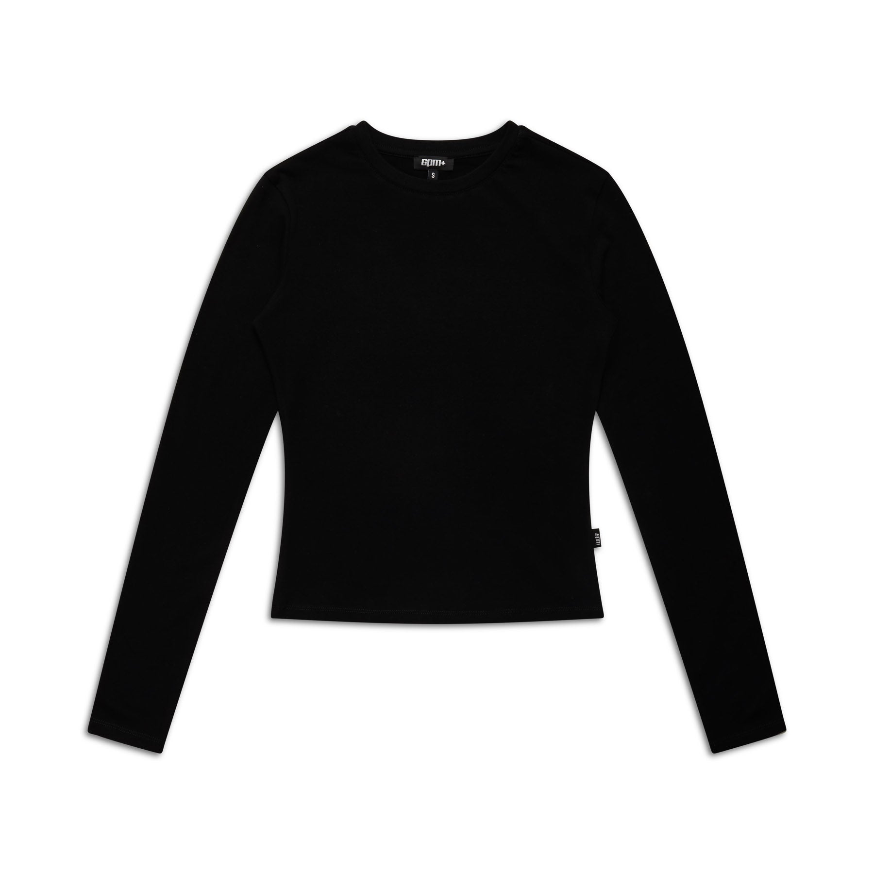 The 6PM WMNS LONGSLEEVE BLACK is a fitted, plain black crewneck shirt with long sleeves, shown laid flat on a white background. It features a simple design without visible patterns or logos.