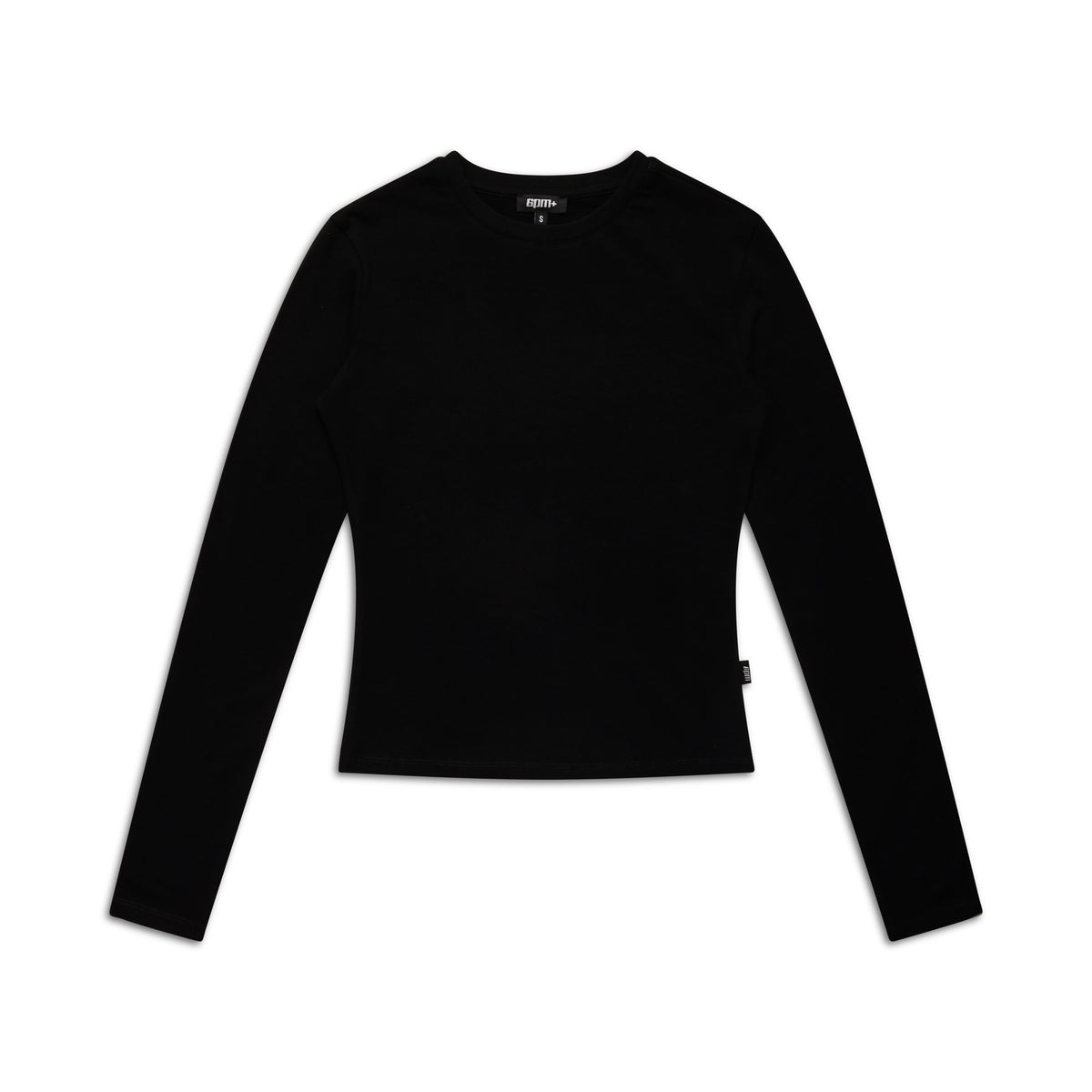 The 6PM WMNS LONGSLEEVE BLACK is a fitted, plain black crewneck shirt with long sleeves, shown laid flat on a white background. It features a simple design without visible patterns or logos.