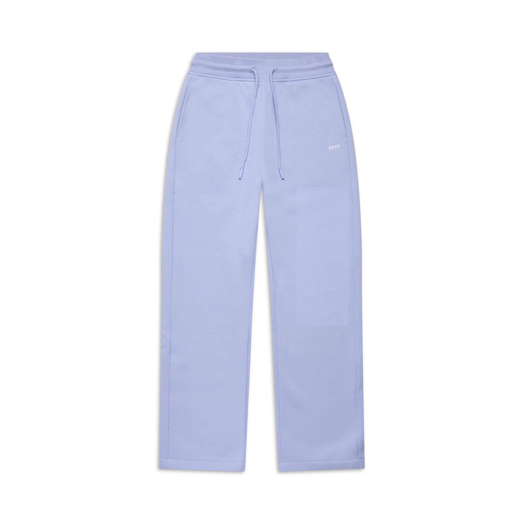 The 6PM WMNS OPEN LEG SOFT VIOLET sweatpants feature an elastic waistband with drawstring ties, side pockets, and a relaxed straight-leg fit, shown in soft violet on a white background.