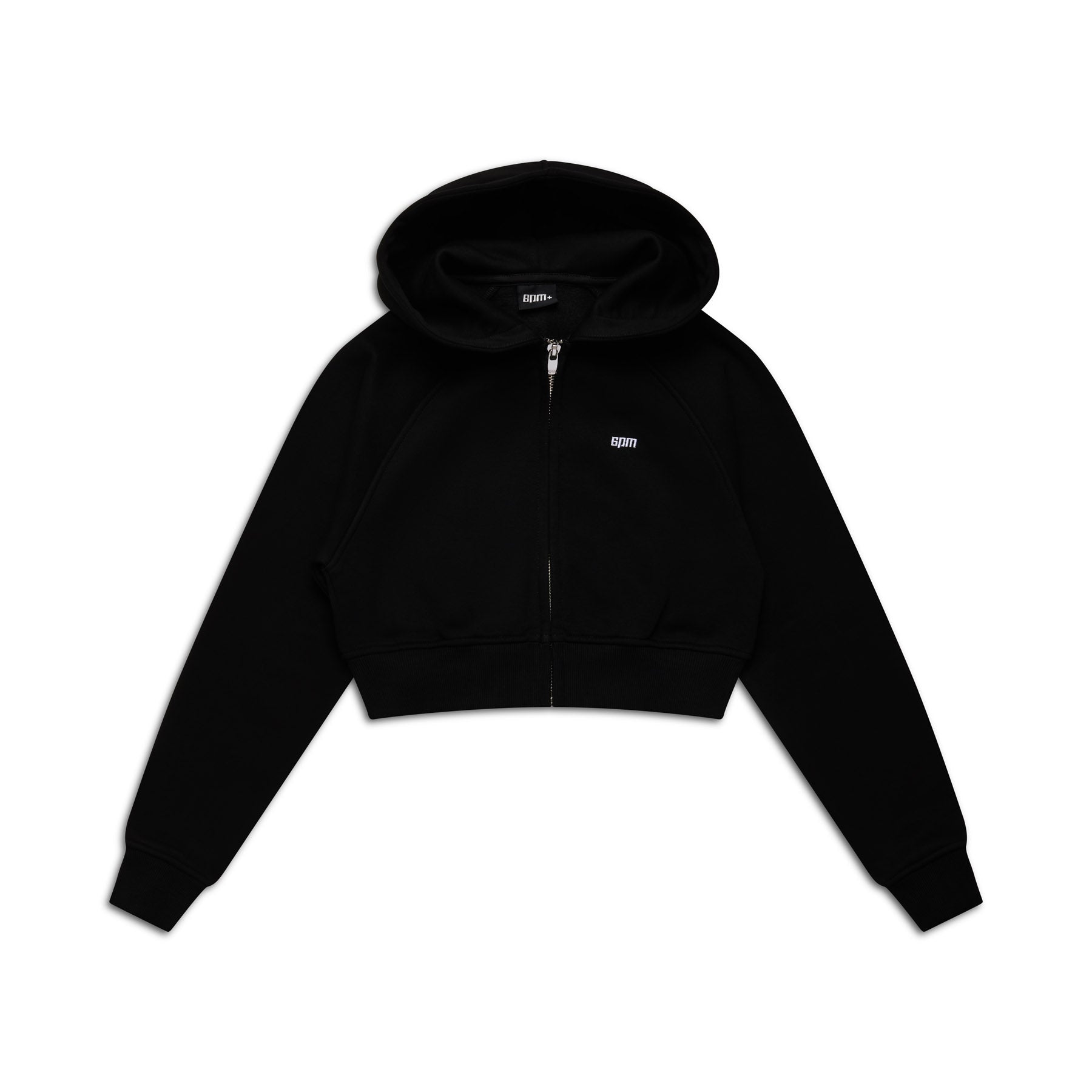 The 6PM WMNS CROPPED ZIP HOODIE BLACK features long sleeves, front pockets, a hood, and a small white logo on the left chest, shown on a white background.