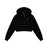 The 6PM WMNS CROPPED ZIP HOODIE BLACK features long sleeves, front pockets, a hood, and a small white logo on the left chest, shown on a white background.