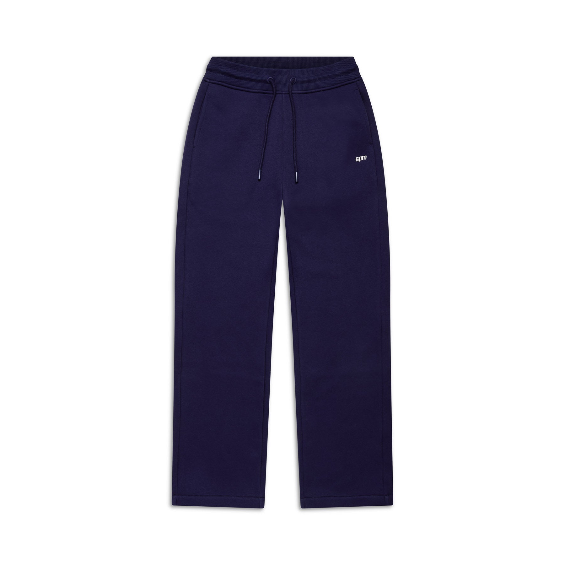 WMNS OPEN LEG ORBIT BLUE sweatpants by 6PM in navy feature an elastic waistband, drawstring, straight legs, subtle seam details, and a small white logo on the left hip. Shown against a white background.