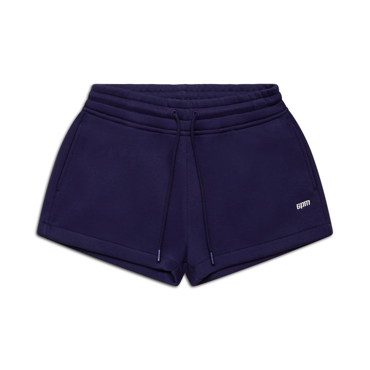 WMNS SHORTS ORBIT BLUE by 6PM, featuring a drawstring waist, two side pockets, and a small white Gym logo on the lower left leg, shown against a plain white background.
