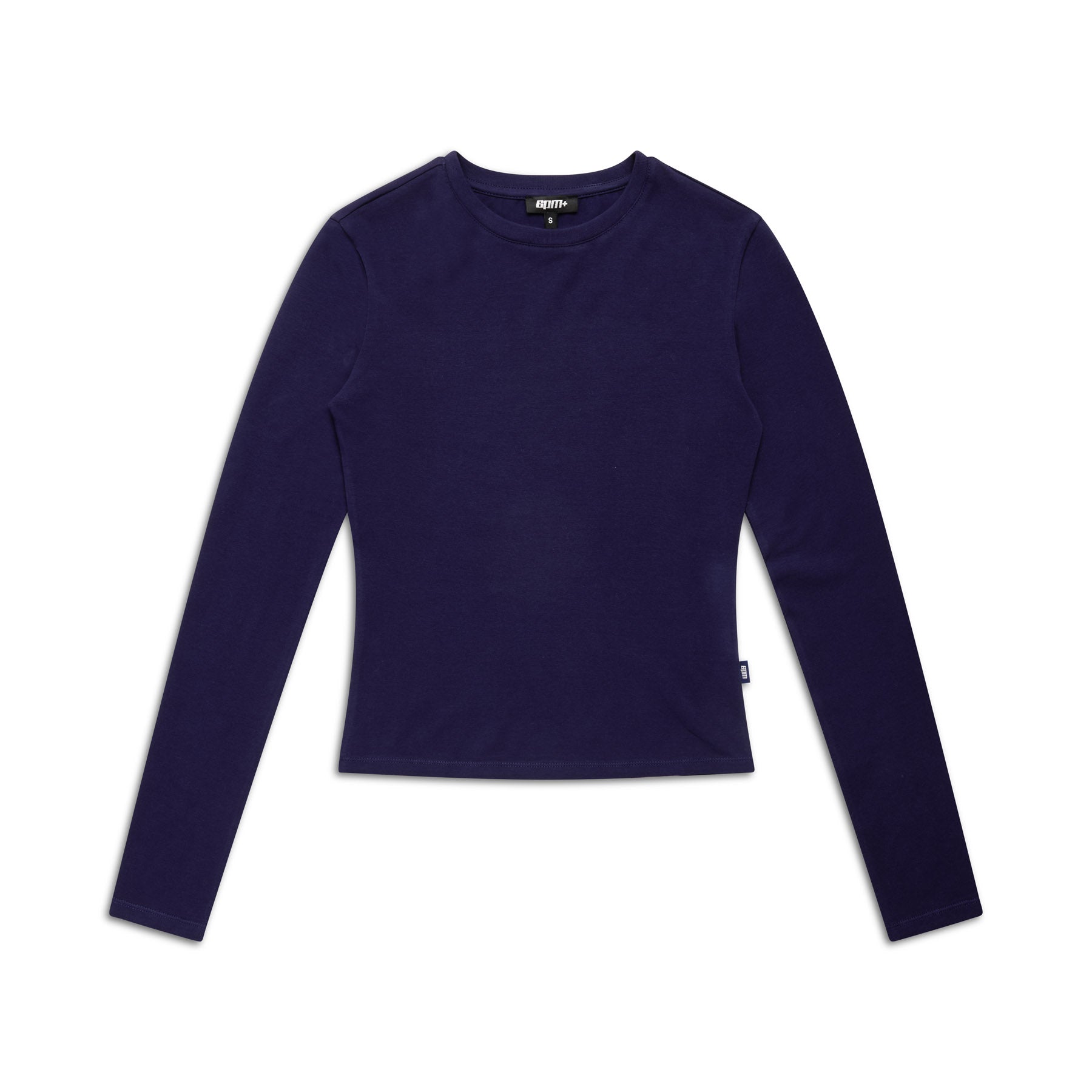 The 6PM WMNS LONGSLEEVE ORBIT BLUE, a fitted, long-sleeved crew neck shirt in dark navy, is displayed flat on a white background.