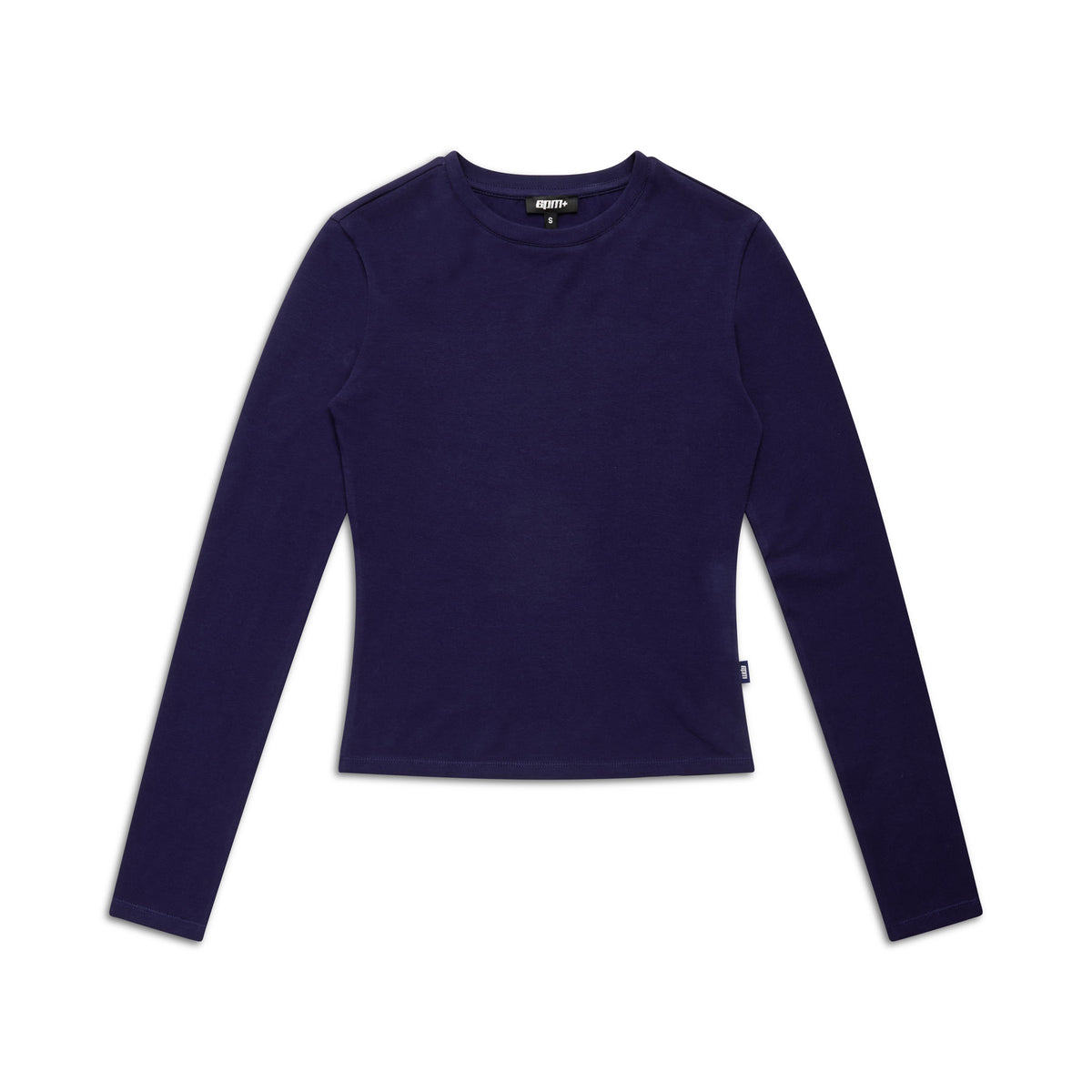 The 6PM WMNS LONGSLEEVE ORBIT BLUE, a fitted, long-sleeved crew neck shirt in dark navy, is displayed flat on a white background.