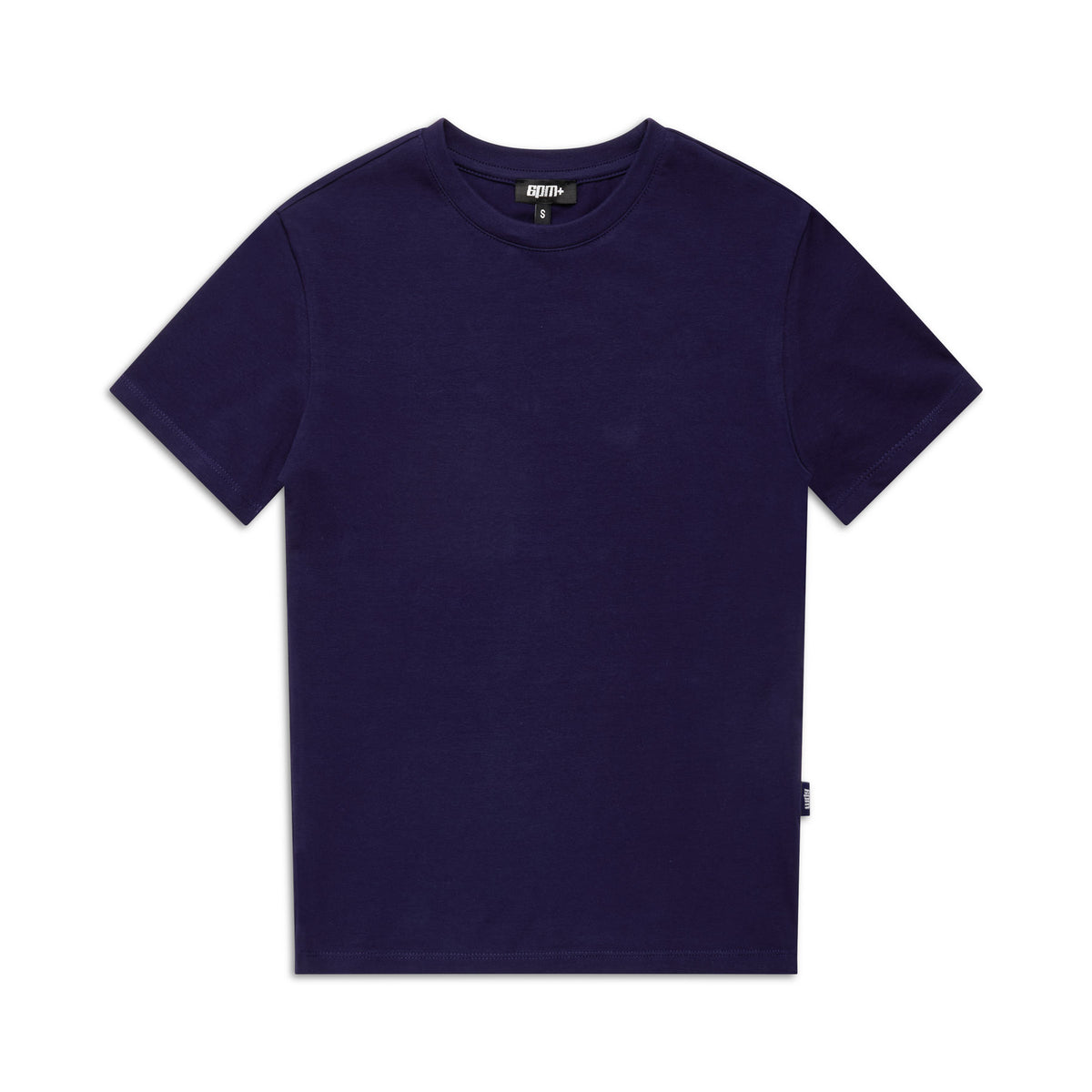 The 6PM WMNS T-SHIRT ORBIT BLUE, a plain short-sleeve navy crewneck tee with a small side-seam tag, is laid flat on a white background.