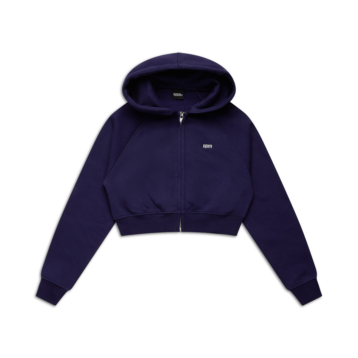 The 6PM WMNS CROPPED ZIP HOODIE ORBIT BLUE is a dark navy zip-up hoodie with long sleeves, a hood, and a small white logo on the left chest, shown laid flat on a white background.