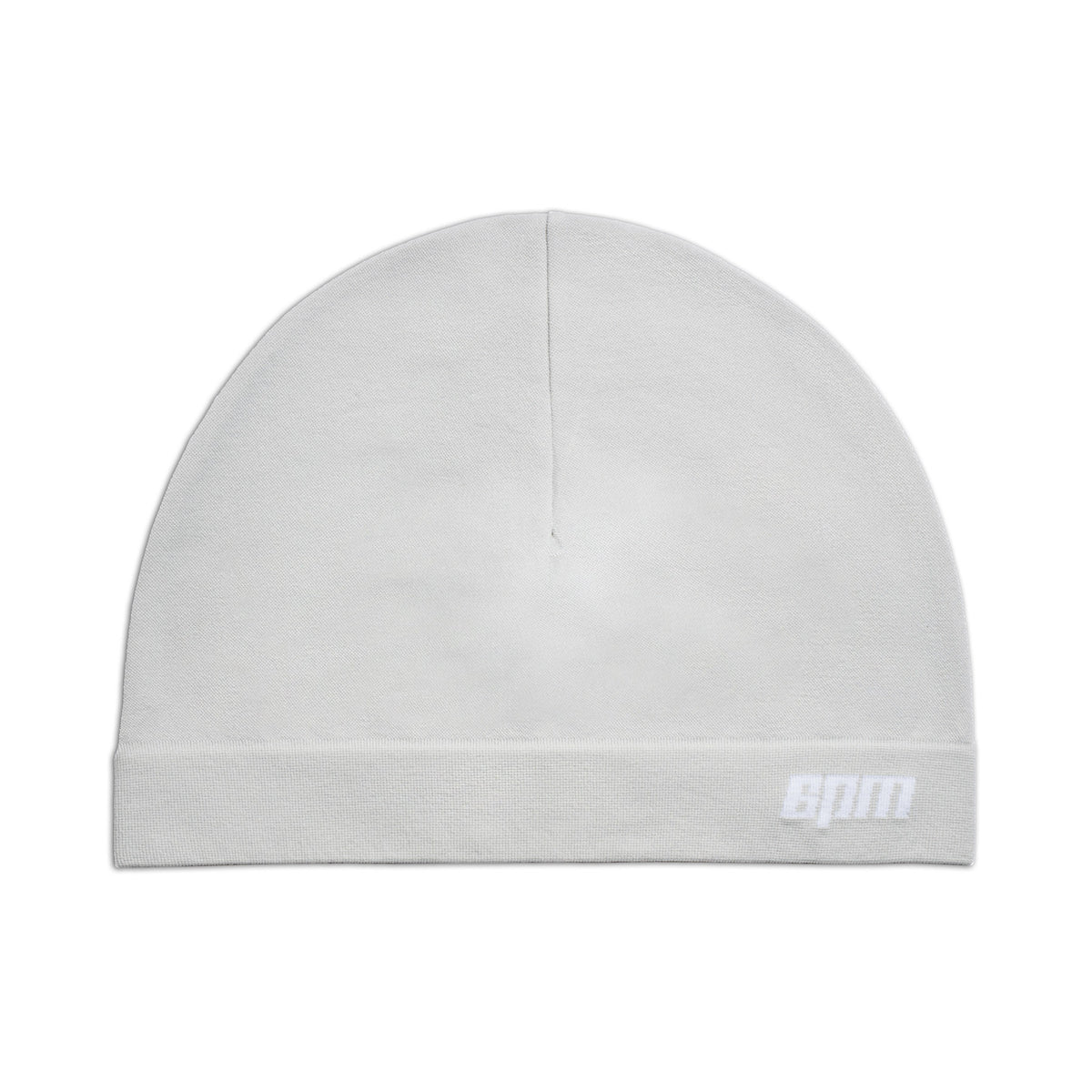 The 6PM TECHNICAL LOGO BEANIE in smoke grey features a plain design, folded brim, and white epm embroidery on the lower right front.