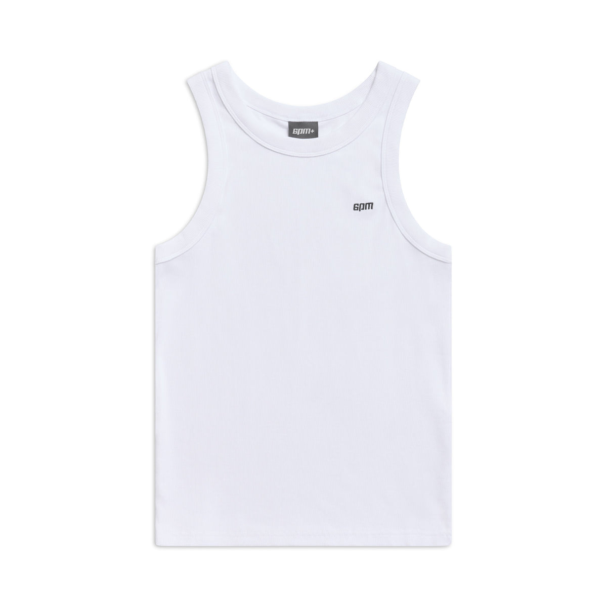 The TANK TOP WHITE (SINGLE) by 6PM is a plain white ribbed cotton tank with a small black 6PM logo on the left chest, shown on a white background.