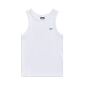 The TANK TOP WHITE (SINGLE) by 6PM is a plain white ribbed cotton tank with a small black 6PM logo on the left chest, shown on a white background.
