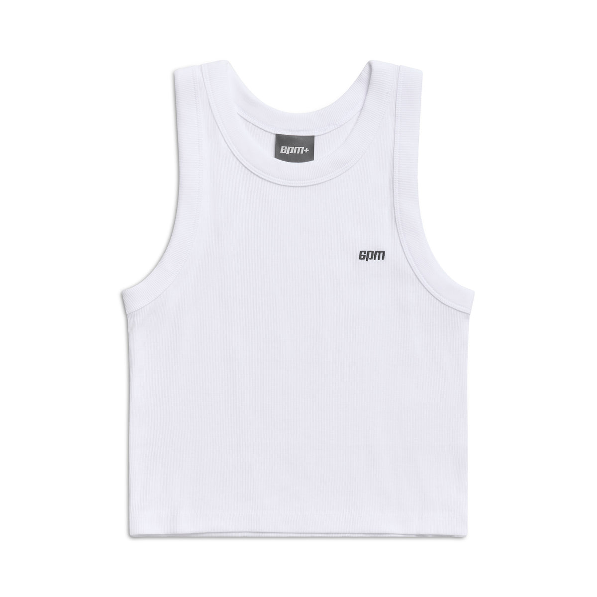 The CROP TOP WHITE (SINGLE) by 6PM is a sleeveless ribbed cotton tank with a round neckline, black 6PM logo on the left chest, and an inner collar label. Stretch fit is shown flat against a white background.