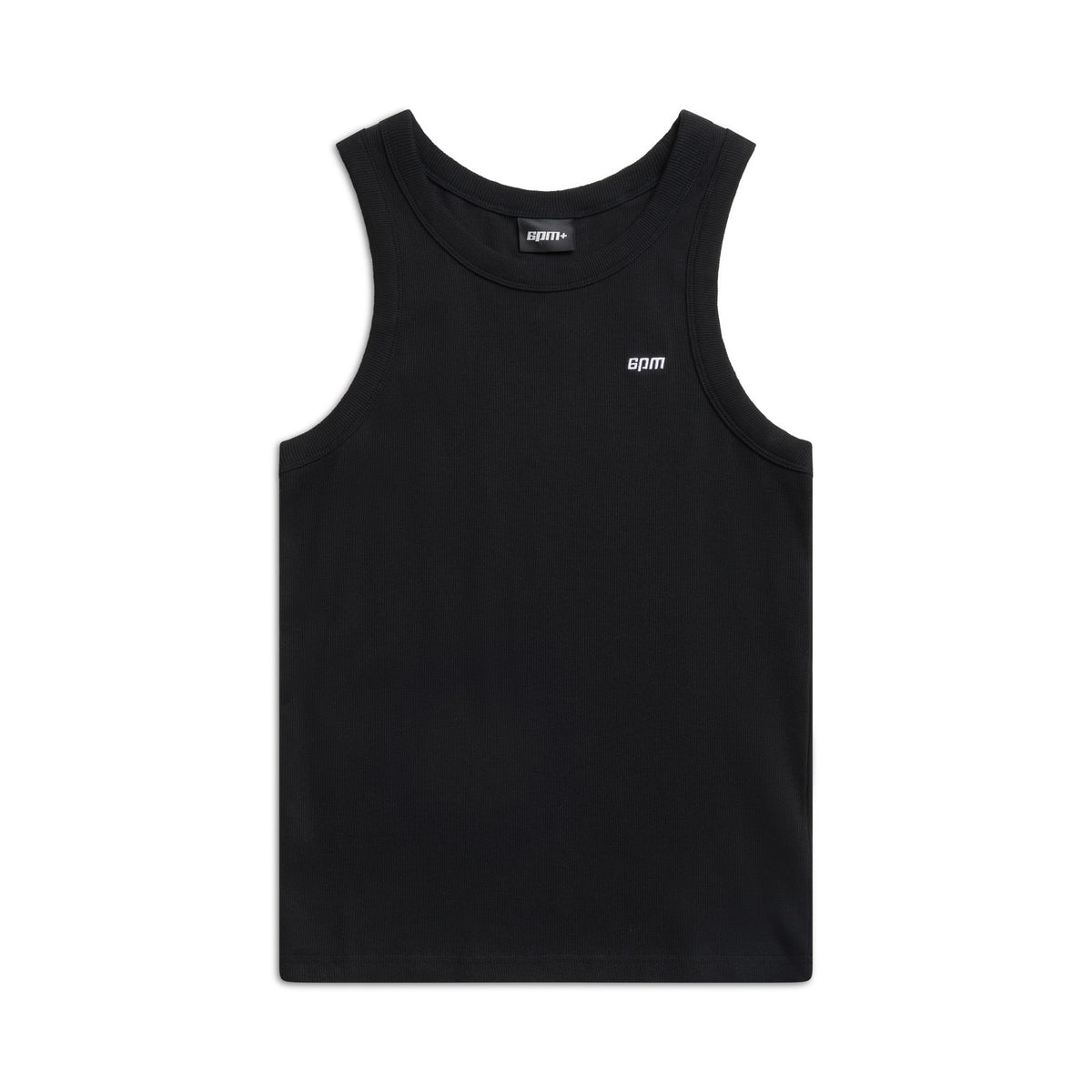 The 6PM TANK TOP BLACK (SINGLE) is a ribbed cotton tank with a round neckline and a small white logo on the left chest, showcased on a white background—an iconic favorite of rappers and dads.