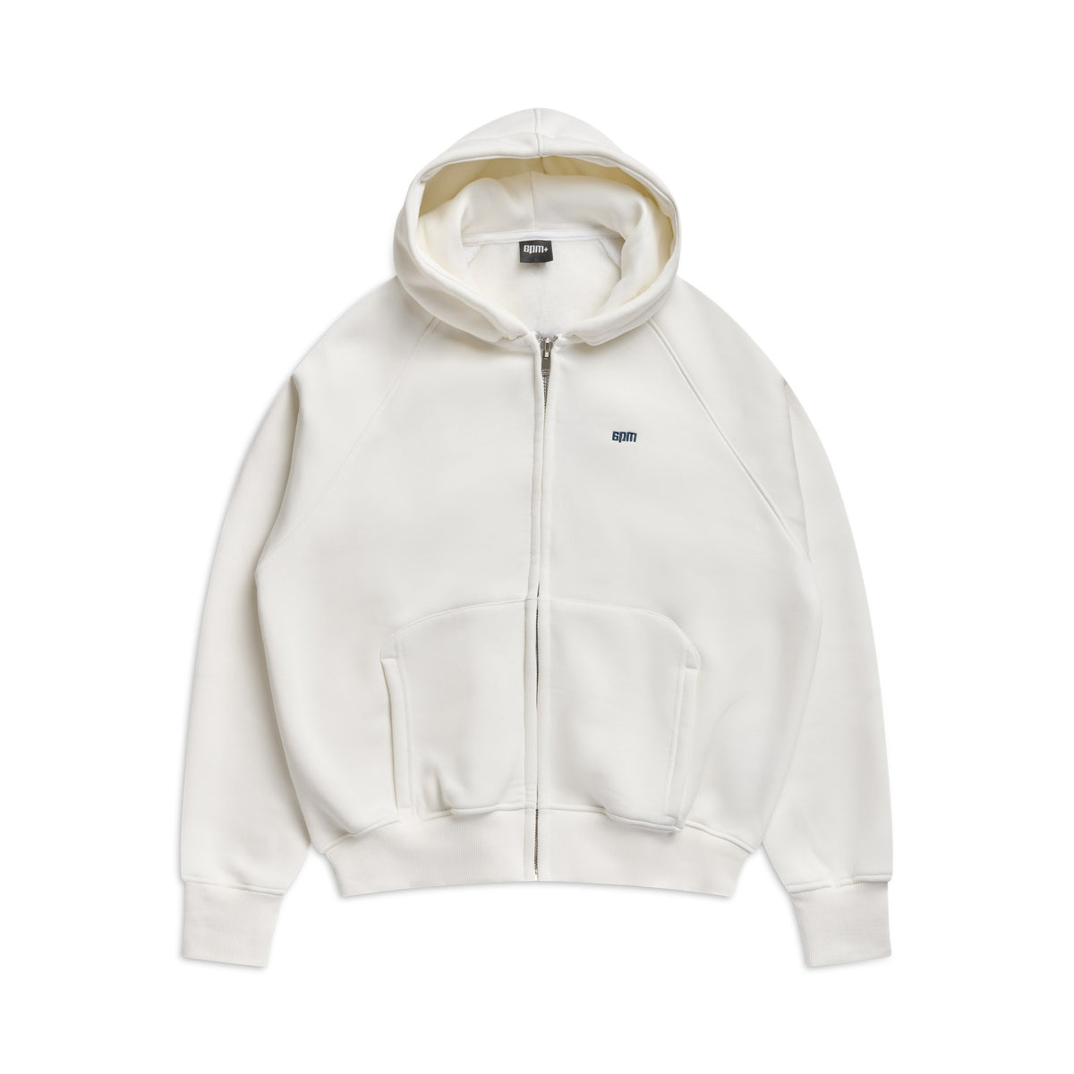 The 6PM ZIP HOODIE COCONUT WHITE features a clean, structured look with front pockets and a small black embroidered logo on the left chest, making it perfect for everyday wear.