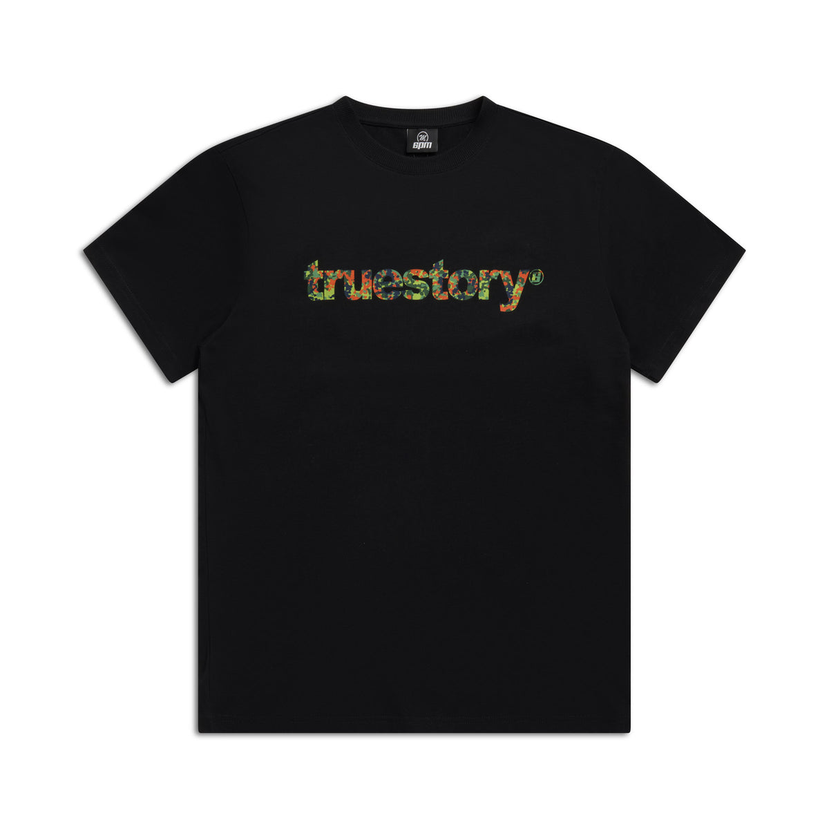 The 6PM TRUE STORY T-SHIRT BLACK features truestory in a vibrant floral print across the chest, shown on a white background.