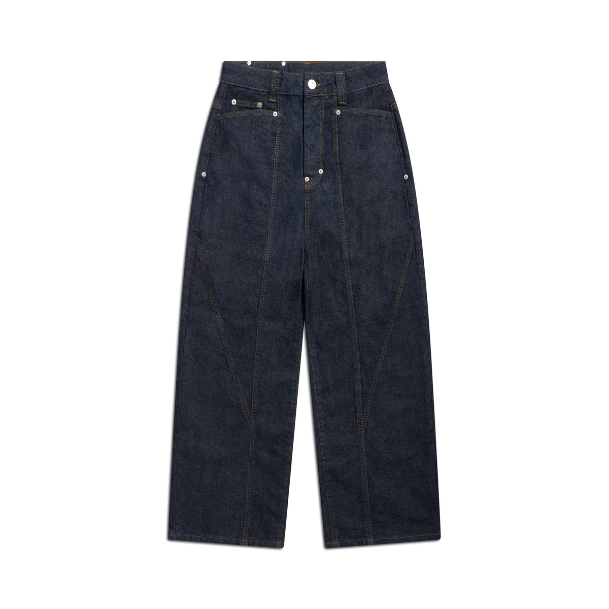 The 6PM TYPE 6 DENIM BLUE RAW jeans are dark blue, wide-leg, high-waisted denim with brown stitching details and silver rivets, shown flat on a white background.