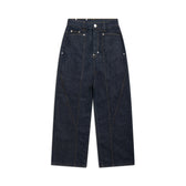 The 6PM TYPE 6 DENIM BLUE RAW jeans are dark blue, wide-leg, high-waisted denim with brown stitching details and silver rivets, shown flat on a white background.