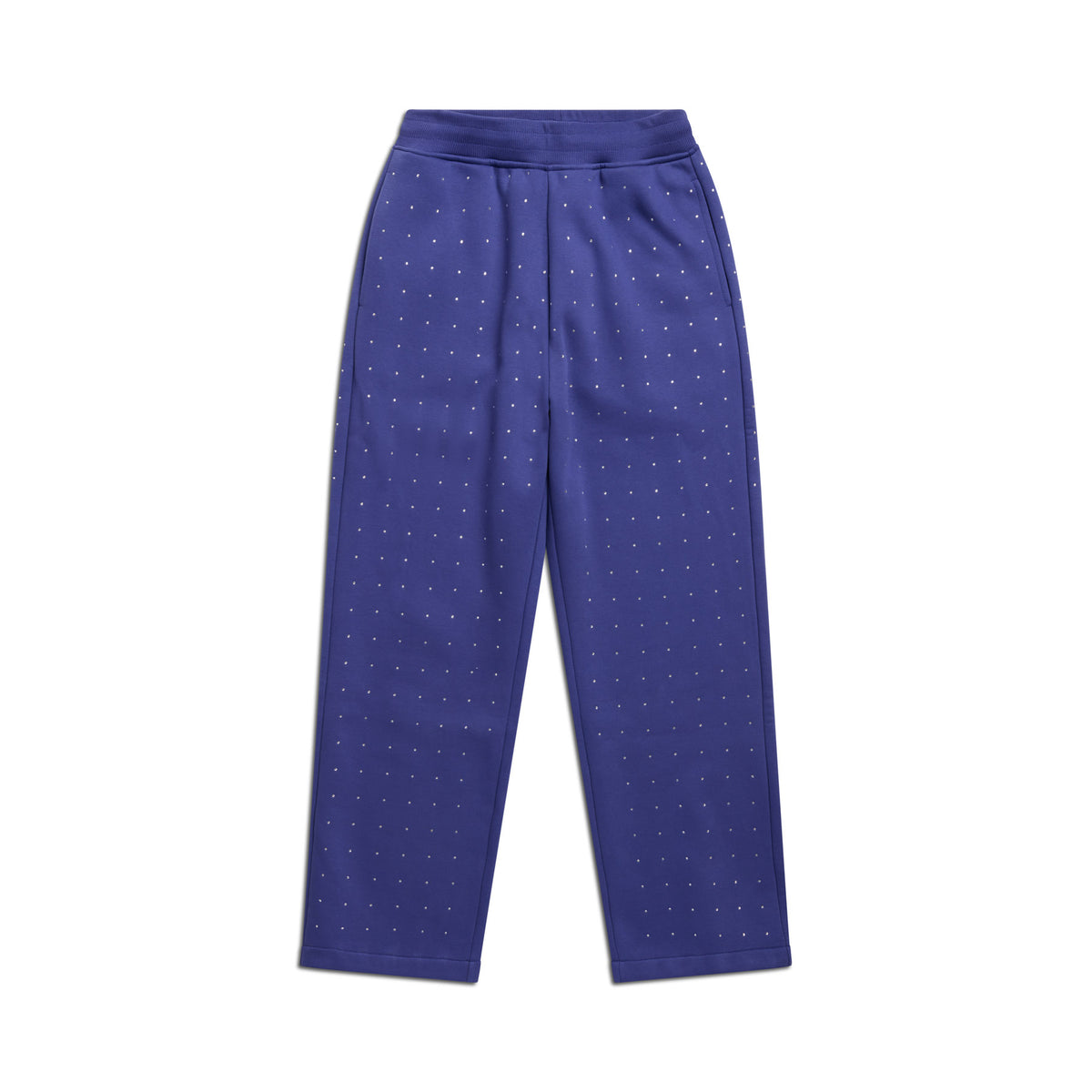 The 6PM RHINESTONE OPEN LEG JOGGER BLUE is a high-waisted, straight-leg pant in blue with a subtle grid of small white dots, shown laid flat on a white background.