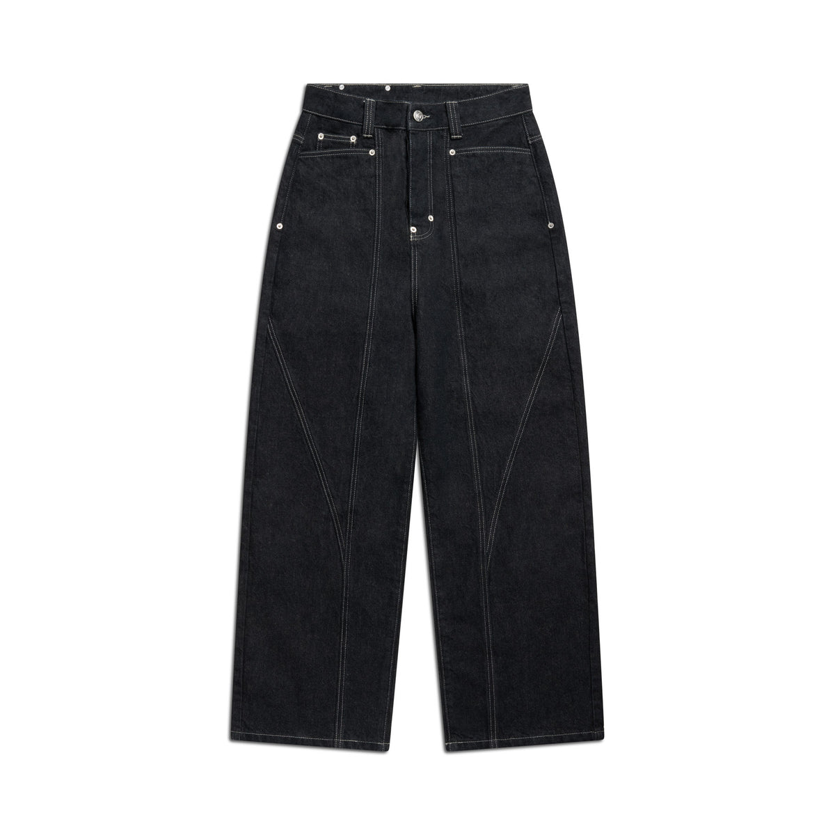 The 6PM TYPE 6 DENIM BLACK RAW jeans feature a high waist, wide-leg cut, white contrast stitching, silver rivets, and a button closure, shown flat on a white background.