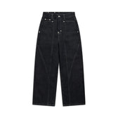 The 6PM TYPE 6 DENIM BLACK RAW jeans feature a high waist, wide-leg cut, white contrast stitching, silver rivets, and a button closure, shown flat on a white background.