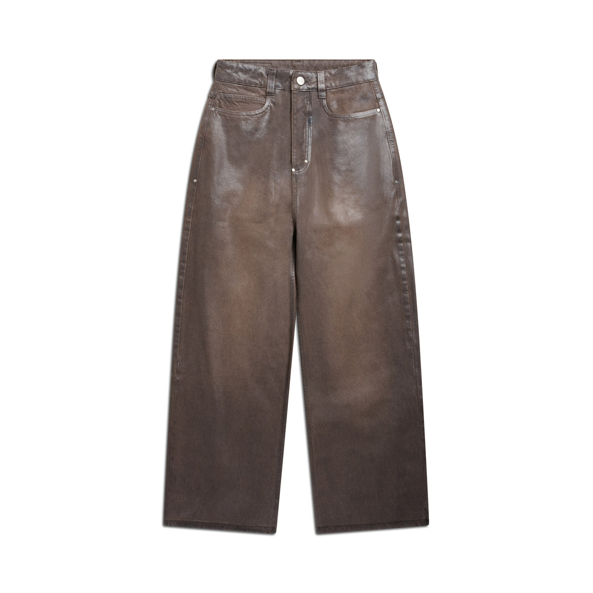 The WAX COATED DENIM BROWN pants from 6PM feature a high-waisted, wide-leg design with front pockets, belt loops, and a button-zipper closure, shown flat on a white background.