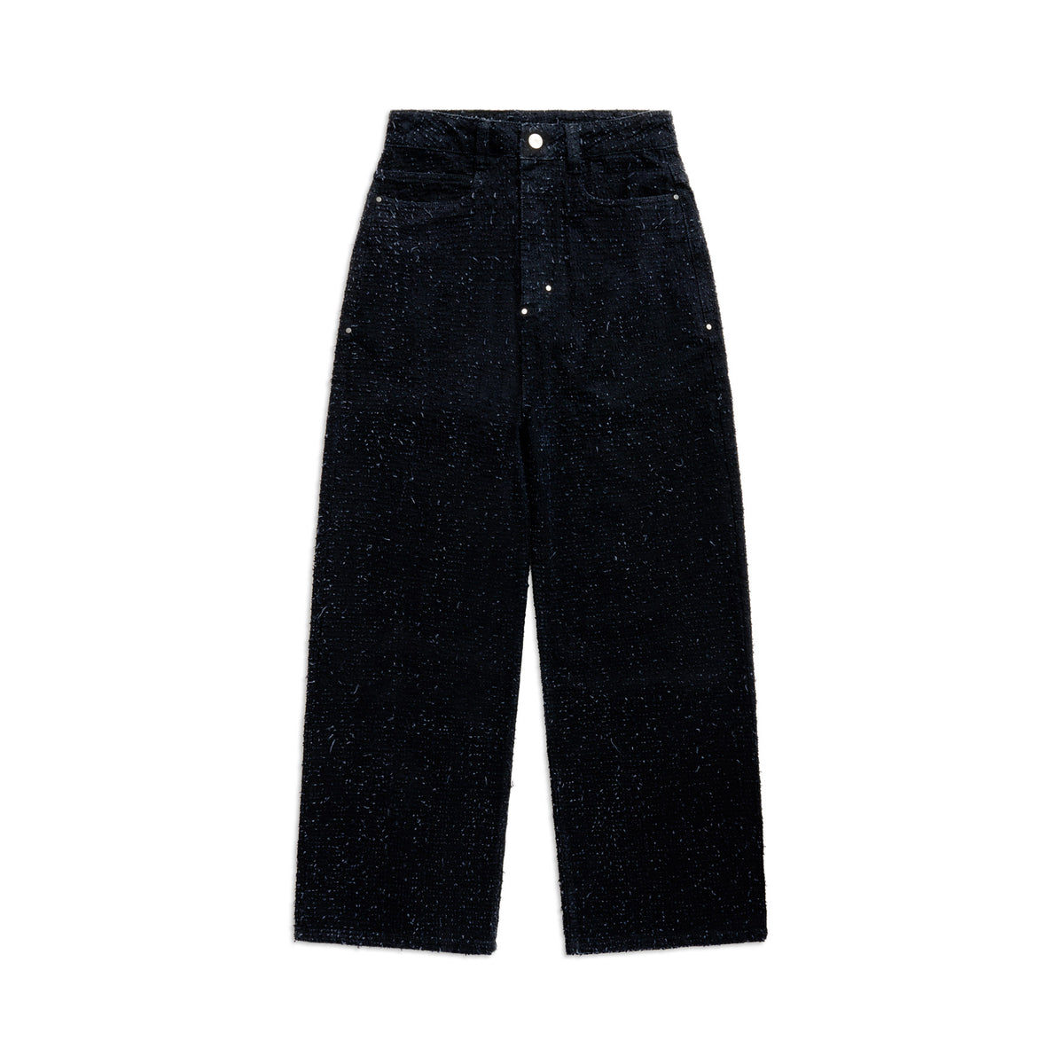 The 6PM NEEDLEPUNCH DENIM X-TRA WIDE jeans are high-waisted, wide-leg black denim with a subtle speckled pattern, shown laid flat on a white background.