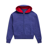 The 6PM RHINESTONE LETTER ZIP HOODIE BLUE features front pockets and a red-lined hood, with small white dots, shown on a white background.
