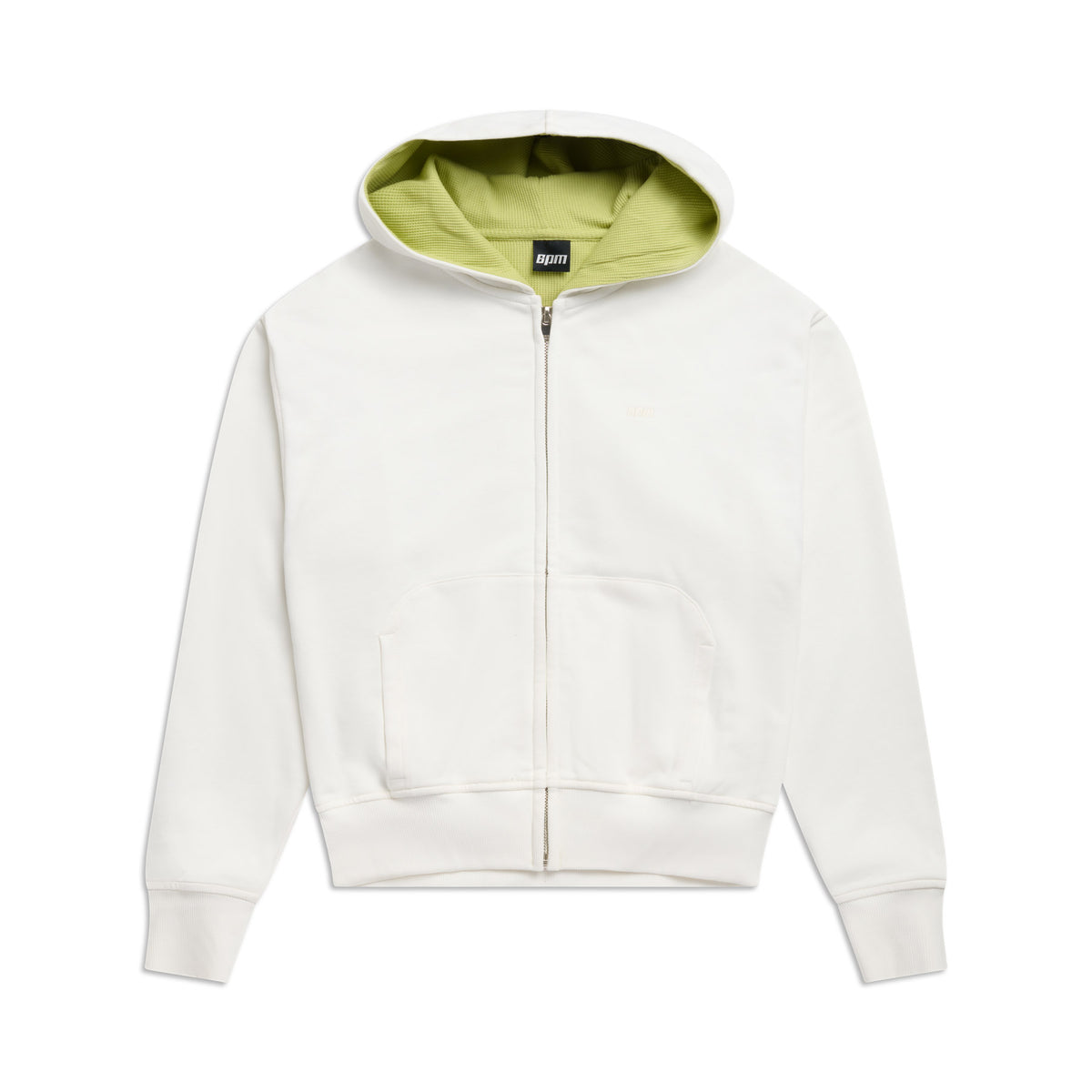 The 6PM WAFFLE LINED ZIP HOODIE COCONUT WHITE features front pockets, ribbed cuffs, and a light green waffle lining in the hood, shown on a plain white background.