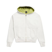 The 6PM WAFFLE LINED ZIP HOODIE COCONUT WHITE features front pockets, ribbed cuffs, and a light green waffle lining in the hood, shown on a plain white background.