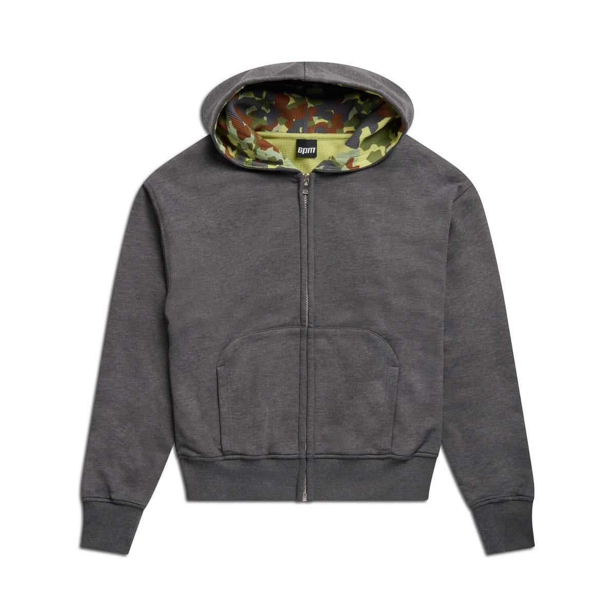 The 6PM WAFFLE LINED ZIP HOODIE GREY CAMO is a dark gray zip-up hoodie with front pockets and a camo-patterned hood lining, shown on a white background.