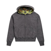 The 6PM WAFFLE LINED ZIP HOODIE GREY CAMO is a dark gray zip-up hoodie with front pockets and a camo-patterned hood lining, shown on a white background.