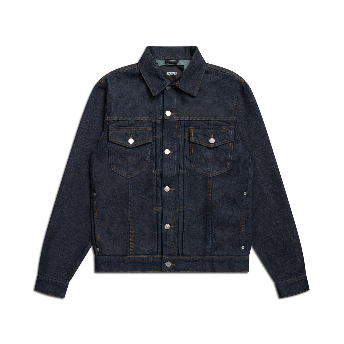 The TYPE 6 DENIM JACKET BLUE RAW by 6PM is a dark blue denim jacket with a collar, button-down front, two chest flap pockets, long sleeves, contrast stitching, and silver buttons.