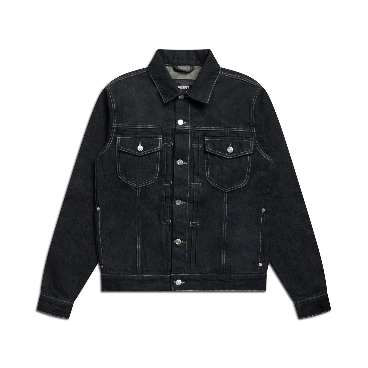 The 6PM TYPE 6 DENIM JACKET BLACK RAW features silver buttons, two flap chest pockets with buttons, and visible white stitching, shown laid flat on a white background.