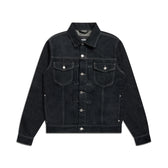 The 6PM TYPE 6 DENIM JACKET BLACK RAW features silver buttons, two flap chest pockets with buttons, and visible white stitching, shown laid flat on a white background.