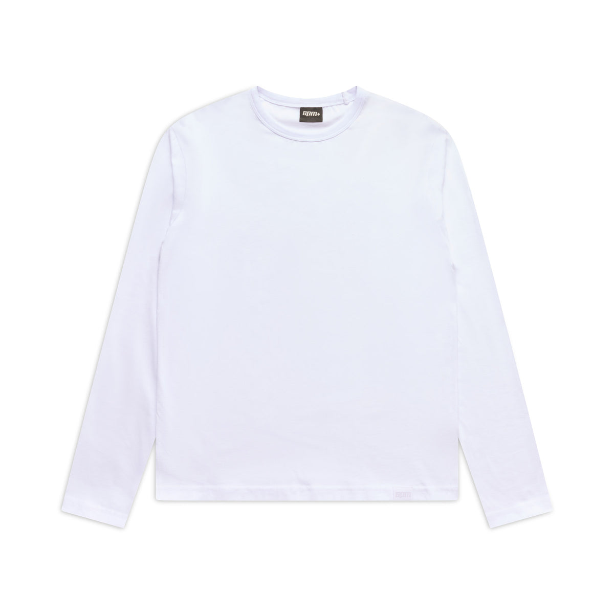 The 6PM+ Slim Fit Longsleeve White by 6PM is a plain white, slim-cut crewneck T-shirt, shown laid flat on a white background with its black neck tag visible.