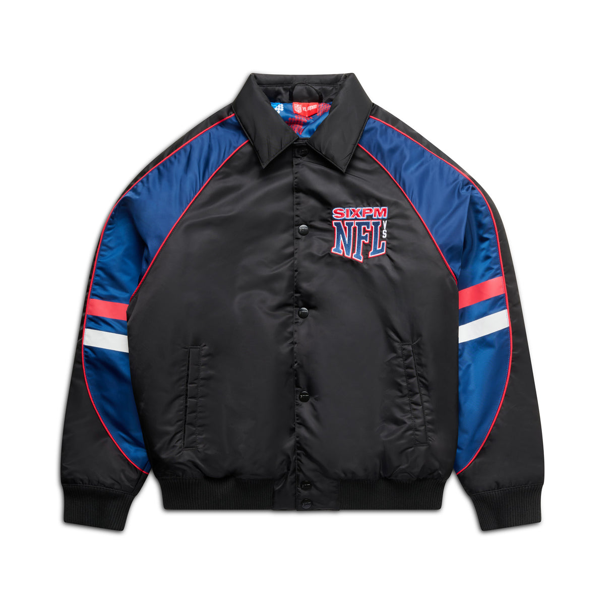 The NFL COLLEGE JACKET by 6PM is a black and blue varsity-style jacket featuring red and white sleeve stripes, a button front, and 6PM NFL embroidery on the chest.