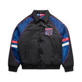The NFL COLLEGE JACKET by 6PM is a black and blue varsity-style jacket featuring red and white sleeve stripes, a button front, and 6PM NFL embroidery on the chest.