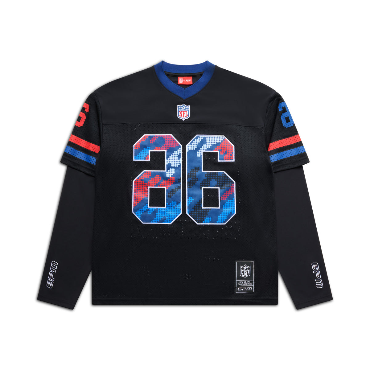 The NFL LAYERED MESH LONGSLEEVE BLACK by 6PM features black mesh, red and blue sleeve stripes, a large mosaic 86 in blue, red, and white on the front, plus NFL and 6PM branding patches near the collar and hem.