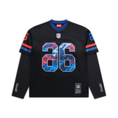 The NFL LAYERED MESH LONGSLEEVE BLACK by 6PM features black mesh, red and blue sleeve stripes, a large mosaic 86 in blue, red, and white on the front, plus NFL and 6PM branding patches near the collar and hem.