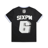 The 6PM NFL BLURRED T-SHIRT is a black tee with white sleeve cuffs, an NFL logo on the upper back, bold white SIXPM lettering, and a large, distorted white number 6 graphic below.