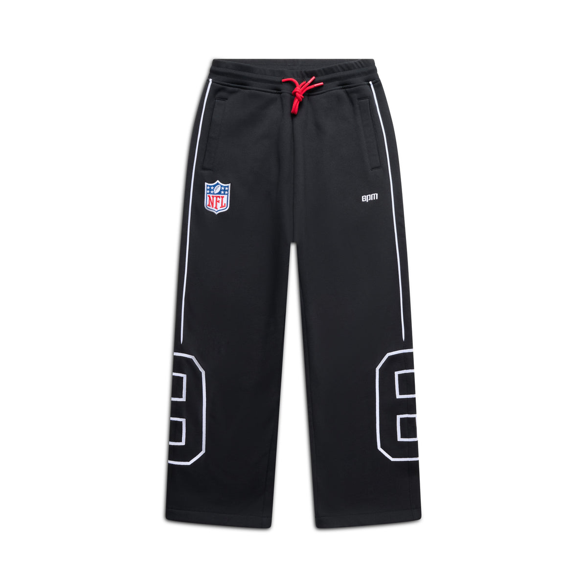 The 6PM NFL PIPING JOGGER features black athletic pants with white accents, a red drawstring, NFL logo on the left thigh, "0017" on the right thigh, and number 89 outlined on both knees, displayed on a white background.
