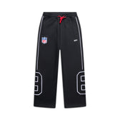The 6PM NFL PIPING JOGGER features black athletic pants with white accents, a red drawstring, NFL logo on the left thigh, "0017" on the right thigh, and number 89 outlined on both knees, displayed on a white background.
