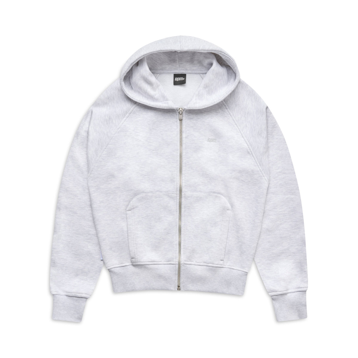 The 6PM+ SLIM ZIP HOODIE LIGHT GREY by 6PM features a front zipper, two pockets, long sleeves, a hood, and ribbed cuffs and hem in light gray, displayed on a white background.