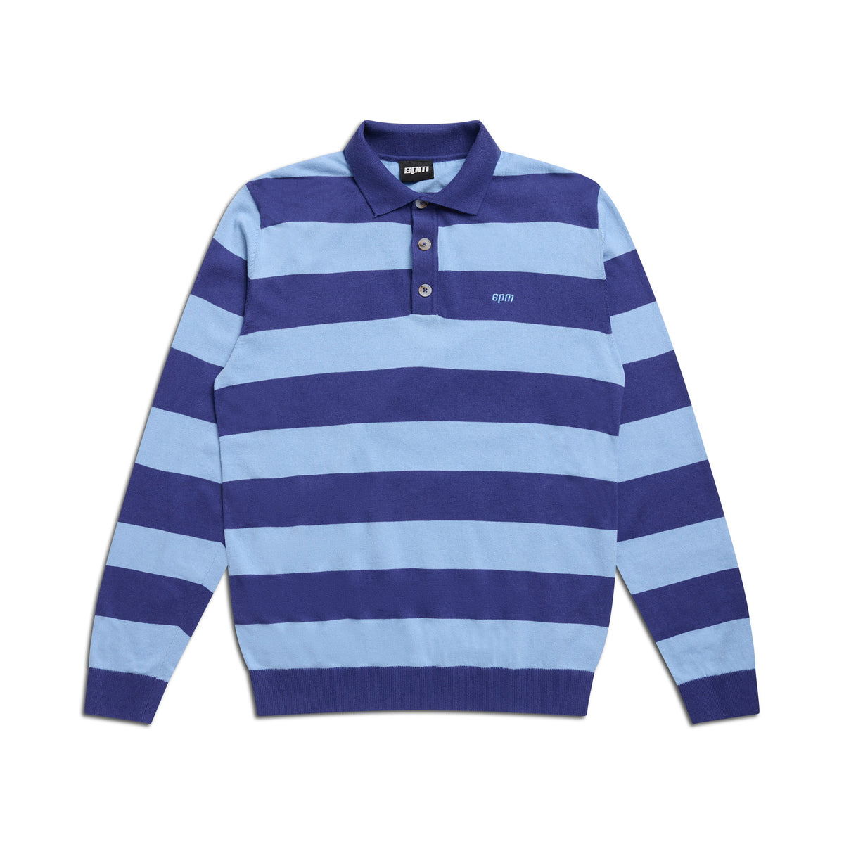 The 6PM LS STRIPED POLO BLUE features wide horizontal stripes in light and dark blue, a classic collar, and a three-button neck.