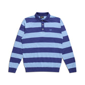 The 6PM LS STRIPED POLO BLUE features wide horizontal stripes in light and dark blue, a classic collar, and a three-button neck.