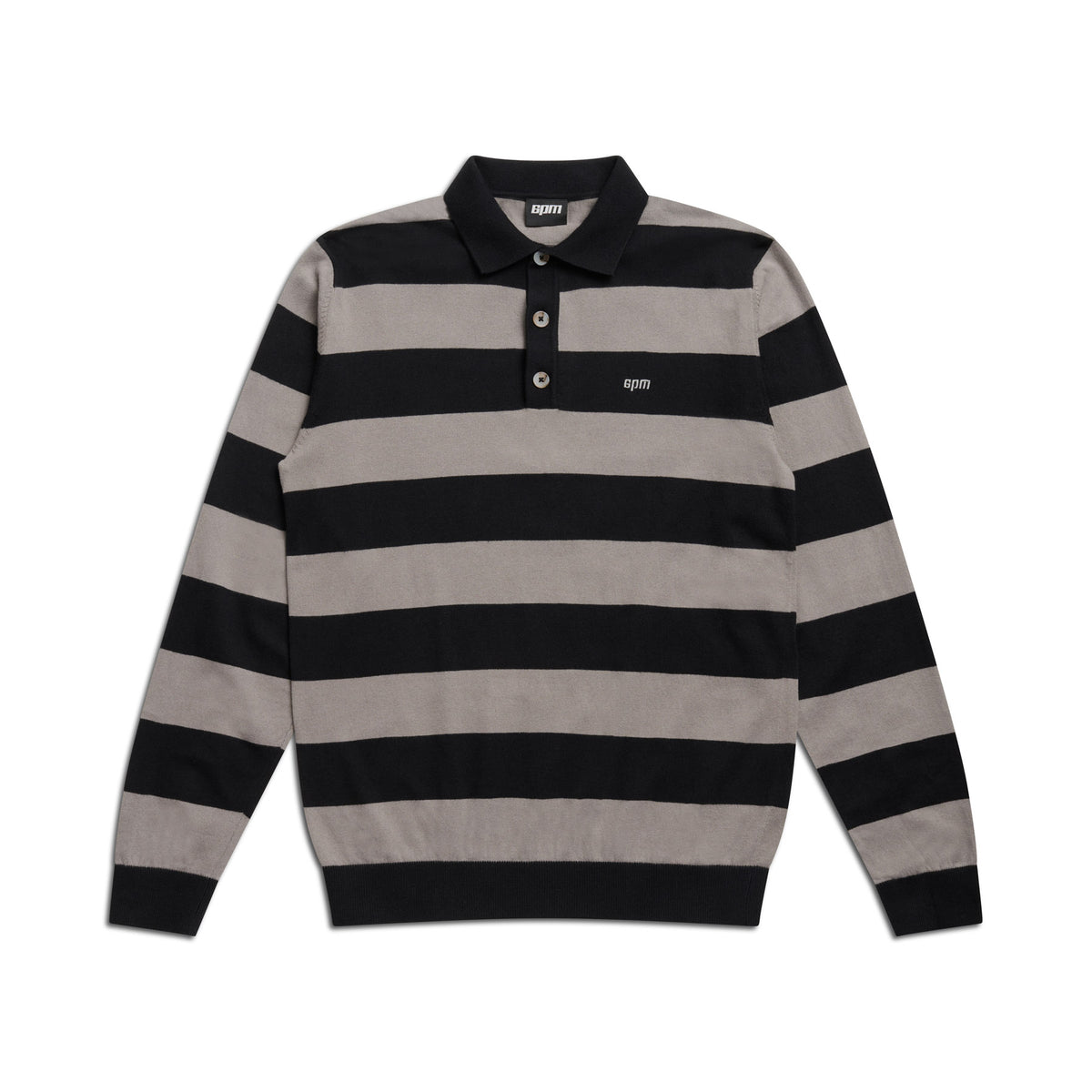 The 6PM LS STRIPED POLO BLACK features wide black and gray stripes, a black collar, three-button neck, and a small white logo on the left chest.