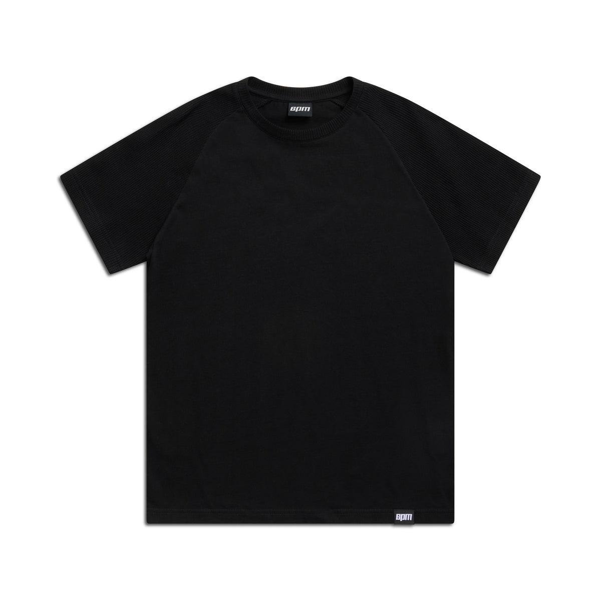 The 6PM WAFFLE SLEEVE RAGLAN TEE BLACK is a short-sleeved t-shirt displayed flat on a white background.