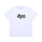 The 6PM OLD ENGLISH CAMO TEE WHITE is a plain white t-shirt with Opium in large, stylized gothic font in dark camo colors across the chest, shown laid flat on a white background.