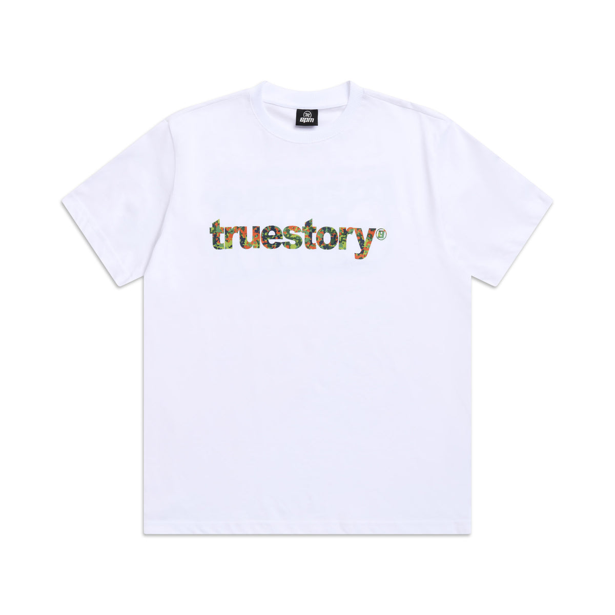 The 6PM TRUE STORY T-SHIRT WHITE features “truestory” in colorful, floral-inspired lettering across the chest.